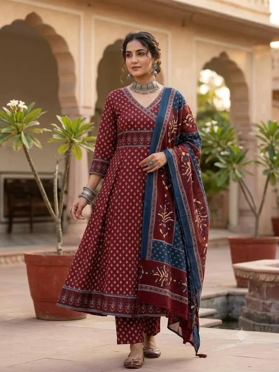 Maroon Jaipuri kurta set - Maroon